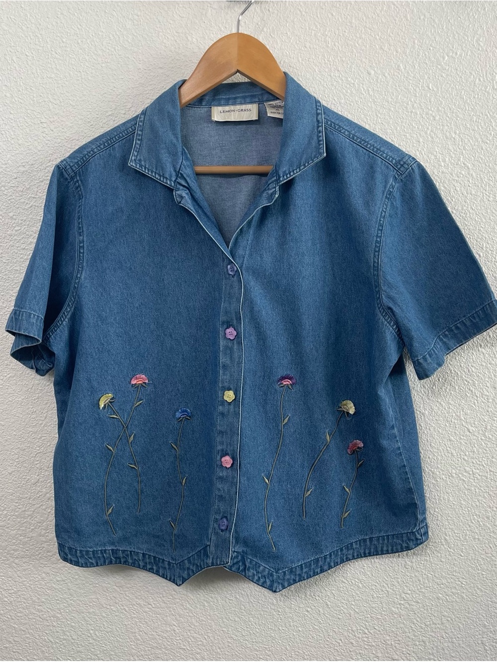 Lemon Grass Embroidered Denim Button-Down Vest Like Shirt with Floral Buttons